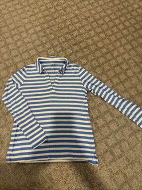 Blue and White Striped Long-Sleeve Polo Top